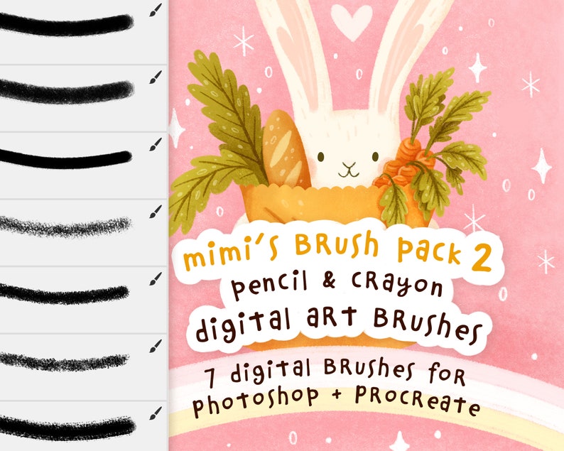 Mimi's digital art texture brushes pack 2, with a digital illustration and demonstration of the brushes