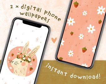 Flower Crown Bunny and Strawberry Daisies Digital Phone Wallpapers | Set of 2 Cute Phone Backgrounds to Instantly Download