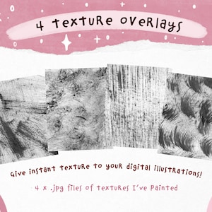 May include: Four black and white texture overlays for digital illustrations. The textures are painted in a brushstroke style and are perfect for adding a unique touch to your designs.