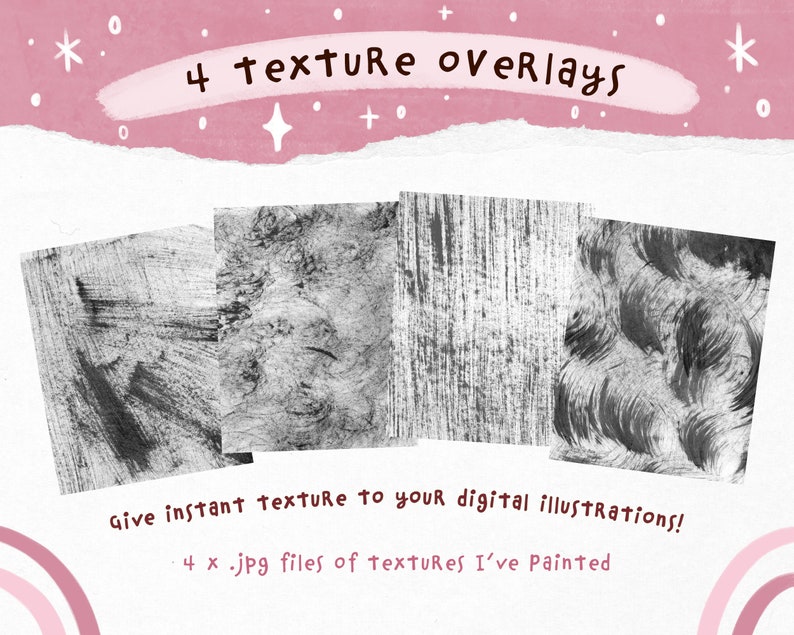 May include: Four black and white texture overlays for digital illustrations. The textures are painted in a brushstroke style and are perfect for adding a unique touch to your designs.