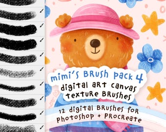 May include: Digital art pack featuring a cute bear wearing a pink hat and scarf. The text reads "mimi's Brush pack 4 digital art canvas texture brushes" and "12 digital brushes for photoshop + Procreate". The image includes brush stroke examples.