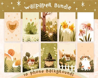 BUNDLE of Cute Illustration Digital Phone Wallpapers | Set of 10 Phone Backgrounds Instant Download