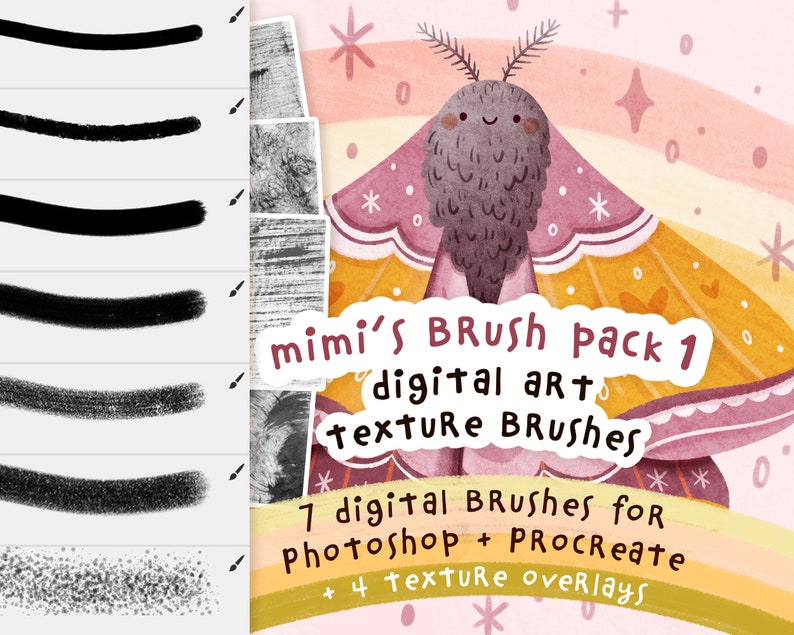 Mimi's digital art texture brushes pack 1, with a digital illustration and demonstration of the brushes