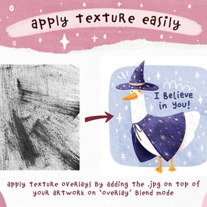 May include: A digital illustration of a white goose wearing a purple and gold wizard hat and cape with stars. The goose is standing on a blue background with white stars. The text "I Believe in you!" is written in white on a white banner. The text "apply texture easily" is written in black on a pink background.