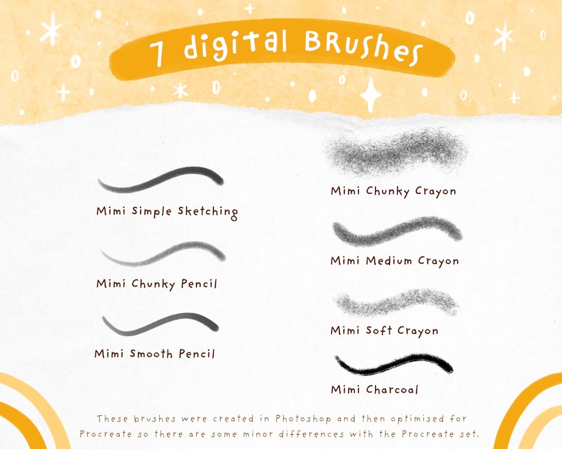 May include: A digital illustration of seven different digital brushes for drawing and sketching. The brushes are labeled "Mimi Simple Sketching", "Mimi Chunky Pencil", "Mimi Smooth Pencil", "Mimi Chunky Crayon", "Mimi Medium Crayon", "Mimi Soft Crayon", and "Mimi Charcoal". The text "7 digital Brushes" is at the top of the image.