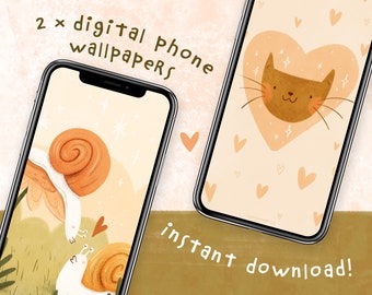 Cat and Snail Spring Palette Digital Phone Wallpapers | Set of 2 Cute Phone Backgrounds Instant Download