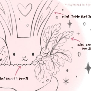 May include: A digital illustration of a cute bunny rabbit with a heart above its head. The bunny is holding a bunch of carrots and a loaf of bread. The illustration is drawn in a simple, whimsical style with a pink background.