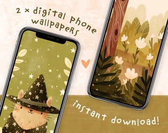 Wizard Kitty And Cozy Forest Digital Phone Wallpapers | Set of 2 Cute Phone Backgrounds Instant Download