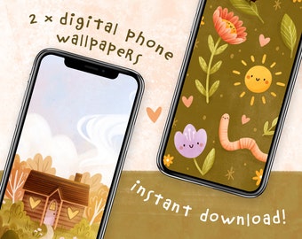 Sunset Cottage en Tuin Cuties Digitale Telefoon Wallpapers | Set van 2 leuke telefoonachtergronden om direct te downloaden