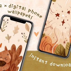 Sfondi per telefono digitale scoiattolo autunnale e foresta magica / Set di 2 accoglienti sfondi per telefono autunnale per il download istantaneo