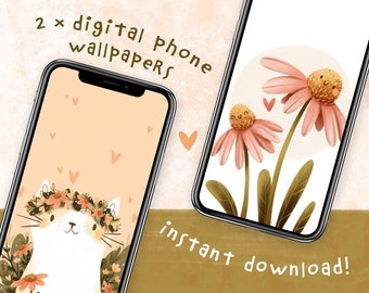 Flower Crown Kitty and Happy Flower Digital Phone Wallpapers | Set of 2 Cute Phone Backgrounds Instant Download