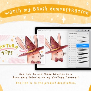 May include: A digital illustration of a rabbit wearing a witch hat with stars on it. The rabbit is holding a wand. The text "watch my Brush demonstration" is written in a yellow banner at the top of the image. The text "Texture tips" is written in a pink banner at the bottom of the image. The image also shows a screenshot of a digital art app with a brush library.
