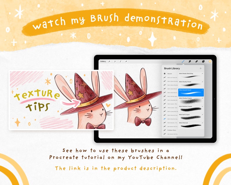 May include: A digital illustration of a rabbit wearing a witch hat with stars on it. The rabbit is holding a wand. The text "watch my Brush demonstration" is written in a yellow banner at the top of the image. The text "Texture tips" is written in a pink banner at the bottom of the image. The image also shows a screenshot of a digital art app with a brush library.