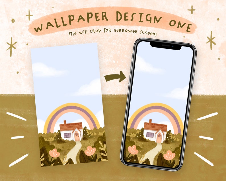 Rainbow Cottage And Sleeping Bunny Digital Phone Wallpapers Set of 2 Cute Phone Backgrounds Instant Download image 3