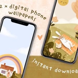 Rainbow Cottage And Sleeping Bunny Digital Phone Wallpapers Set of 2 Cute Phone Backgrounds Instant Download image 1