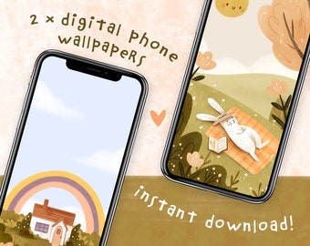 Rainbow Cottage And Sleeping Bunny Digital Phone Wallpapers | Set of 2 Cute Phone Backgrounds Instant Download