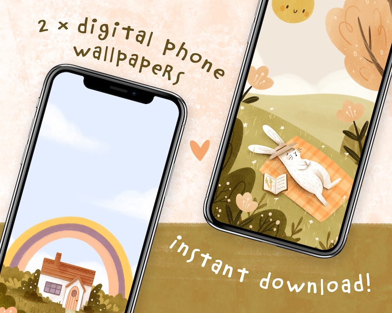 Rainbow Cottage And Sleeping Bunny Digital Phone Wallpapers Set of 2 Cute Phone Backgrounds Instant Download image 1