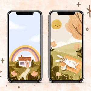 Rainbow Cottage And Sleeping Bunny Digital Phone Wallpapers Set of 2 Cute Phone Backgrounds Instant Download image 2