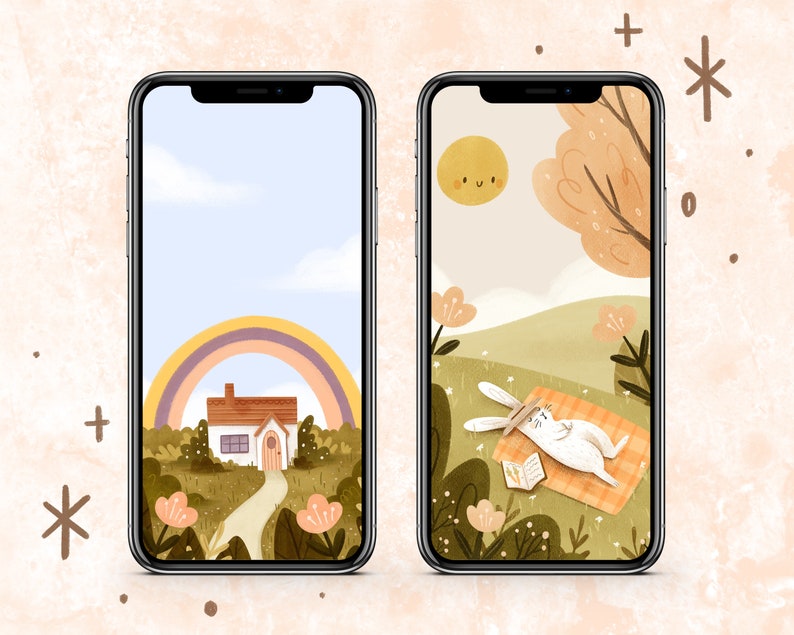 Rainbow Cottage And Sleeping Bunny Digital Phone Wallpapers Set of 2 Cute Phone Backgrounds Instant Download image 2