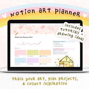 May include: A laptop screen showing "Mimi's Art Planner 2025", a digital art planner. The interface is colourful, with sections for tracking art, planning projects, and collecting inspiration. Text on the screen says "includes tutorials + drawing ideas."