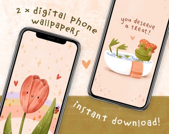 Rainbow Tulip and Relaxed Frog Digital Phone Wallpapers | Set of 2 Cute Phone Backgrounds to Instantly Download