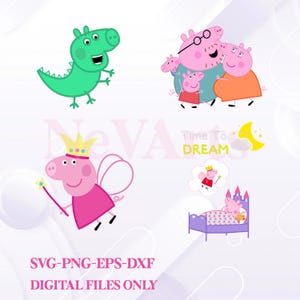 Peut inclure: Plusieurs illustrations de dessins animés : un dragon vert, une famille de cochons, une fée cochonne avec une baguette et un cochon rêvant dans son lit. Le texte "Time To DREAM" et "SVG-PNG-EPS-DXF DIGITAL FILES ONLY" sont également présents.