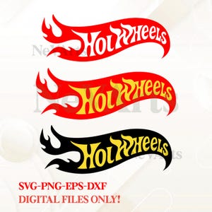 May include: Three Hot Wheels logo designs in red, yellow, and black. The logos feature the words "Hot Wheels" in a stylized font, set against a flame-like background. The bottom of the image includes the text "SVG-PNG-EPS-DXF DIGITAL FILES ONLY!"