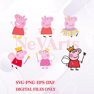 Puede incluir: Una colección de seis ilustraciones de cerdos de dibujos animados con diferentes atuendos. Los cerdos son rosas con ojos negros y visten vestidos rojos, alas de hadas y coronas. El texto "SVG-PNG-EPS-DXF DIGITAL FILES ONLY" está en la parte inferior.