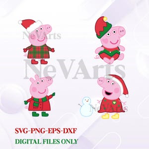 Op de afbeelding: Vier roze cartoonvarkens in feestelijke outfits, waaronder kerstmutsen en elfenkleding, worden getoond. Een kleine sneeuwpop is ook inbegrepen. De tekst "SVG-PNG-EPS-DXF DIGITAL FILES ONLY" wordt weergegeven.