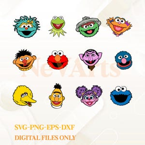 May include: A collection of colorful cartoon character faces, including a green frog, a red monster, and a blue monster. The image includes the text "SVG-PNG-EPS-DXF DIGITAL FILES ONLY".