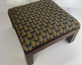 Vintage Square Footstool With Needle Worked Cushion & Wooden Legs - Geometric