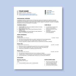 May include: A professional resume template featuring a clean, black and white layout with sections for contact information, professional overview, technical and core skills, work experience, education, and extra curriculars in a structured format.