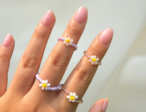 Womens Creative New Elastic Colorful Beaded Flower Ring | eBay