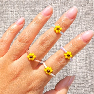 Dainty Seed Bead Sunflower Ring | Summer Flower, Cute, Aesthetic, Jewelry, Tik Tok, Pretty, Pearlescent, Handmade, Y2k, Gift, Present, Fun