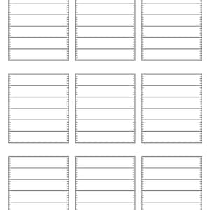 May include: Nine white rectangular sheets with horizontal lines and a dotted vertical line on the right side. Each sheet is divided into sections by the horizontal lines, creating a grid-like appearance. The sheets are arranged in a three-by-three pattern.