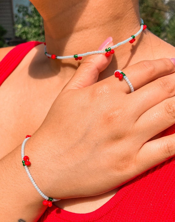 Dainty Cherry Czech Seed Bead Bracelet | Aesthetic, Cute