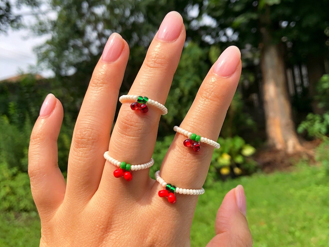 Bead Ring Wire Rings Tiktok Dainty Cherry Seed Bead Ring| Cute - Main Image
