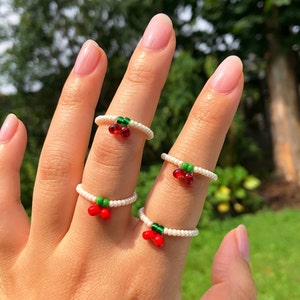 Dainty Cherry Seed Bead Ring| Cute, Aesthetic, 90s Inspo, Stackable, Customizable, Handmade, Tik Tok, y2k, Elevated, Valentine's Day Gift