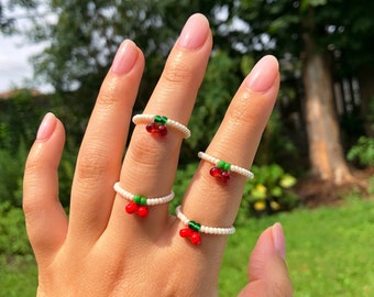 Dainty Cherry Seed Bead Ring| Cute, Aesthetic, 90s Inspo