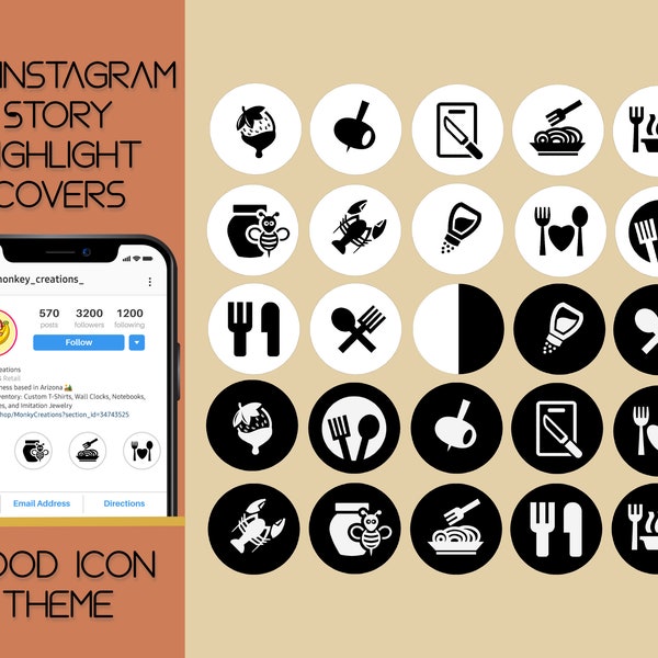 25 Black and White Food Icons for Instagram Story Highlights | B&W Restaurant Highlight Covers | Cuisine Highlight Covers Minimalist | Cook