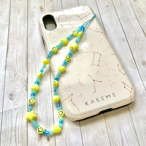 Kawaii Pastel Phone Charm - Smiley Face Blue Wristlet - iPhone Keychain - Cute Phone Accessories - Blue Yellow Smiley - Kawaii Aesthetic Y2K