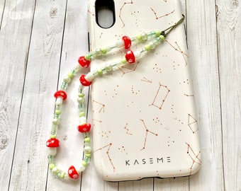 Red Mushroom Cottagecore Phone Charm - Green Phone Wristlet - iPhone Keychain - Cute Phone Accessories - Sage Green Aesthetic