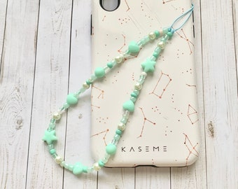 Kawaii Star Phone Charm - Pastel Mint Beaded Wristlet - Etsy
