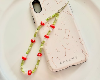 Red Mushroom Cottagecore Phone Charm - Green Phone Wristlet - iPhone Keychain - Cute Phone Accessories - Sage Green Aesthetic