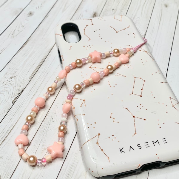 Kawaii Stars Pastel Phone Charm - Peach Wristlet - iPhone Keychain - Cute Phone Accessories - Peachy Pink Kawaii Aesthetic