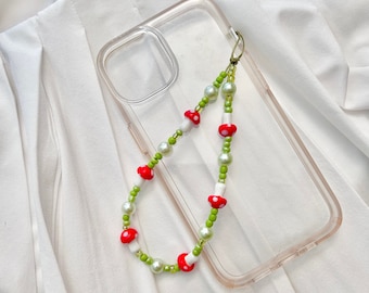 Red Mushroom Cottagecore Phone Charm - Green Phone Wristlet - iPhone Keychain - Cute Phone Accessories - Sage Green Aesthetic