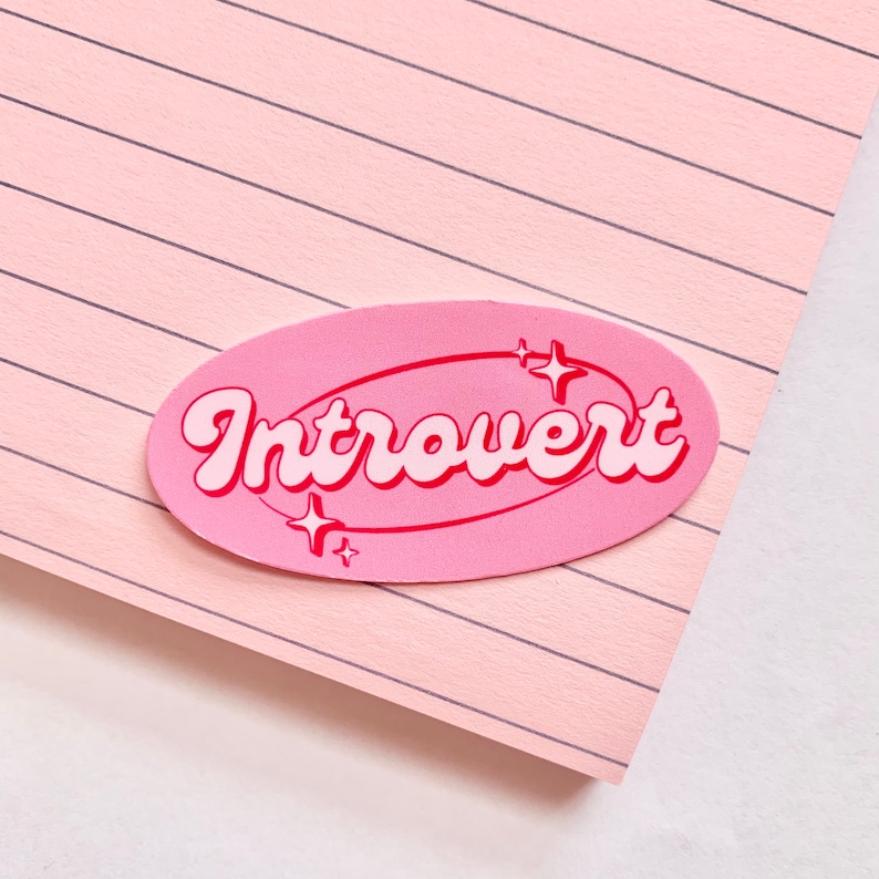 May include: Pink oval sticker with the word "Introvert" in red cursive lettering and white stars.