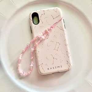 Pink Mushroom Kawaii Phone Charm - Pink Phone Wristlet - iPhone Keychain - Cute Phone Accessories - Pink Aesthetic - Pink Pearls & Stars