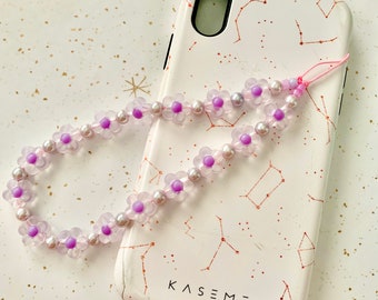 Purple Flower Beaded Phone Charm – Pastel Daisy Wrist Strap