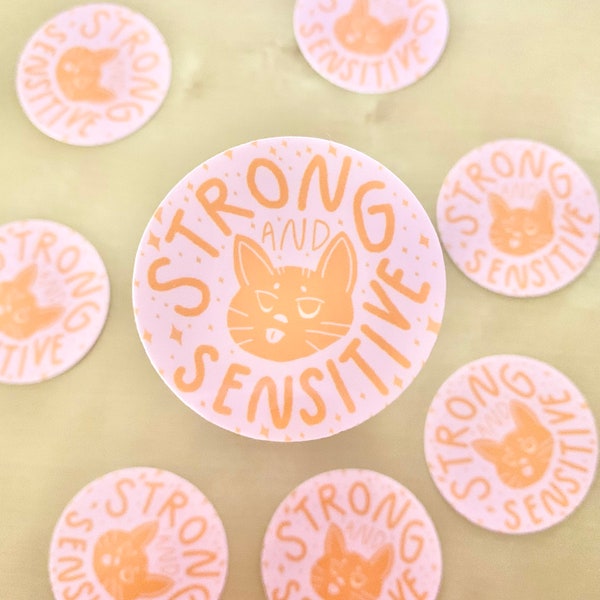 Strong and Sensitive Cat - Mental Health Matters Sticker - Strength Stickers - Cat Stationery - Aesthetic Stickers - Inspiring Art - Laptop